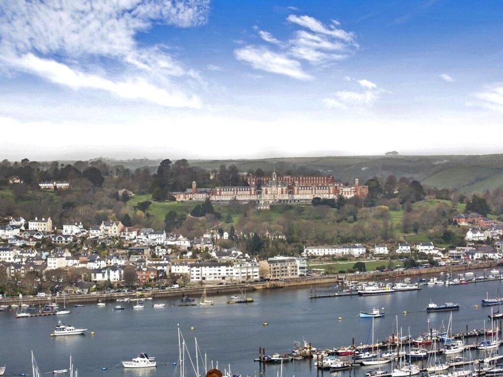 Aerial view of Dartmouth on the River Dart with Britannia Royal Naval College in the background