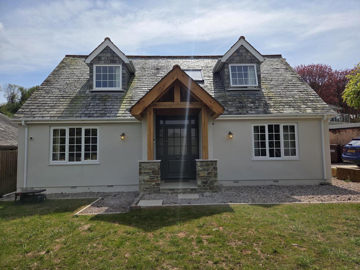 Finished front elevation of refurbished family home in Devon